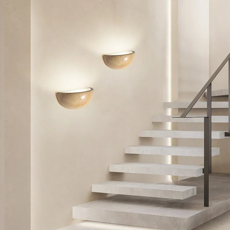 Stone-Effect Half-Round LED Wall Sconce Warm Glow Fixture Bedroom Hallway Bedside Ambient Light Minimalist Modern Organic Scandinavian Décor | Thomler