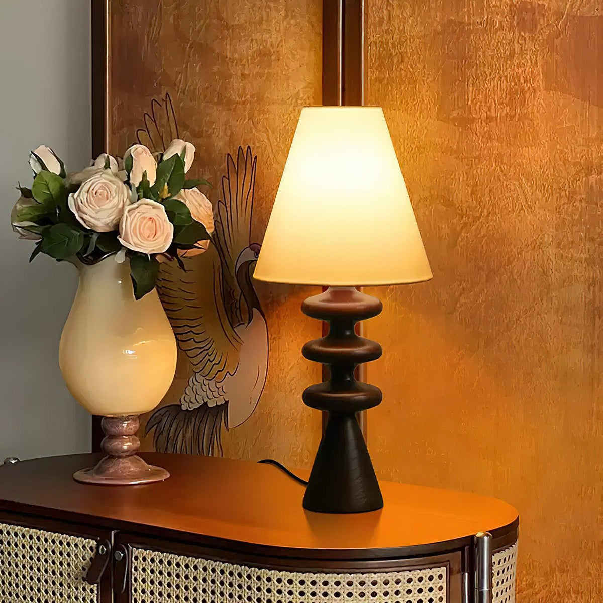 Sculptural Wood Table Lamp with Fabric Shade 20 Inches Tall for Bedside Reading Light Living Room Desk Accent Nightstand Lighting Modern Hom