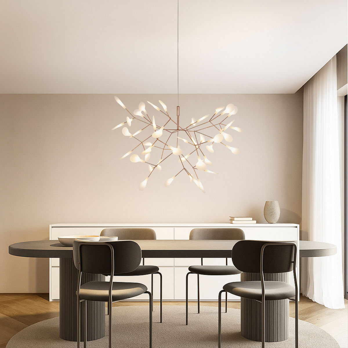 Hängelampe in Roségold, 71 cm breit, 45 LED-Zweige, moderner Kronleuchter für Esszimmer, Wohnzimmer, hohe Decken, Kücheninsel, Ambiente | Thomler