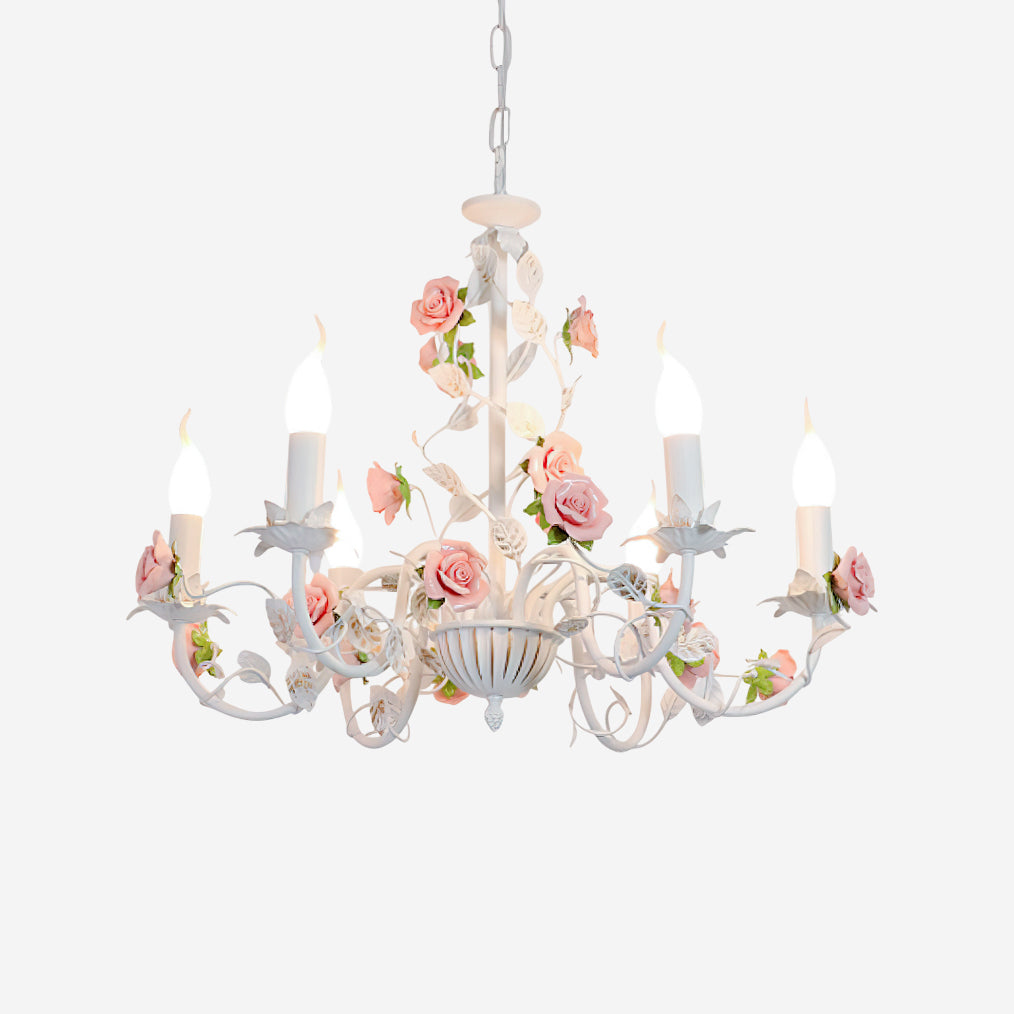 Keramische bloemenlamp met meerdere armen, 30 inch, roze, wit, groen, metalen frame, verstelbare ketting, E14-fitting voor eetkamer, woonkamer | Thomler