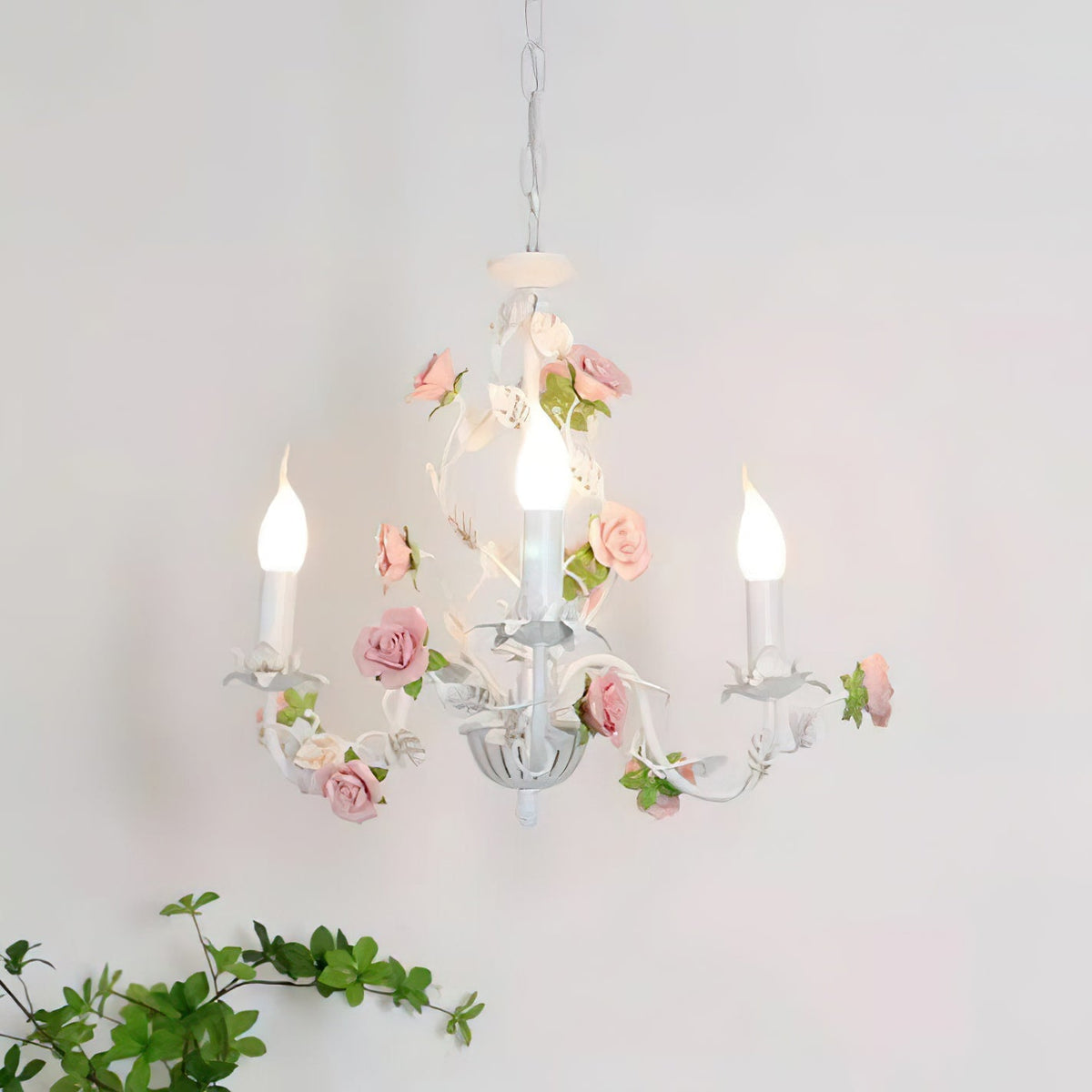 Keramische bloemenlamp met meerdere armen, 30 inch, roze, wit, groen, metalen frame, verstelbare ketting, E14-fitting voor eetkamer, woonkamer | Thomler