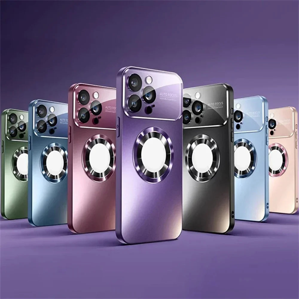 Funda magnética brillante con cierre a presión para iPhone compatible con carga inalámbrica magnética, acabado de espejo
