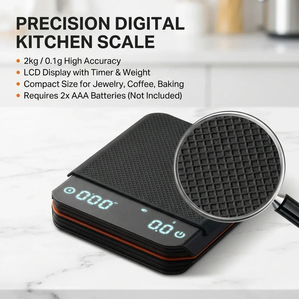 Digitale Küchenwaage mit integriertem Timer für Espresso-Zubereitung, präzises Wiegen von 0,1 g bis 2000 g, wiederaufladbar via USB-C, Barista-Werkzeug für zu Hause | Thomler