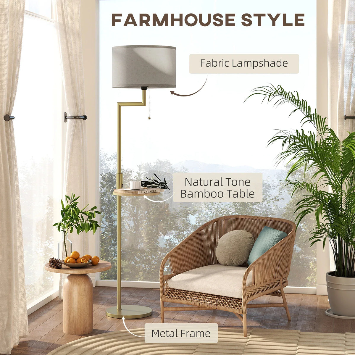 Arc Floor Lamp with Bamboo Shelf and USB Charging Port 67 inch Gold Steel Frame Beige Linen Shade Reading Light for Bedroom Living Room Home | Thomler