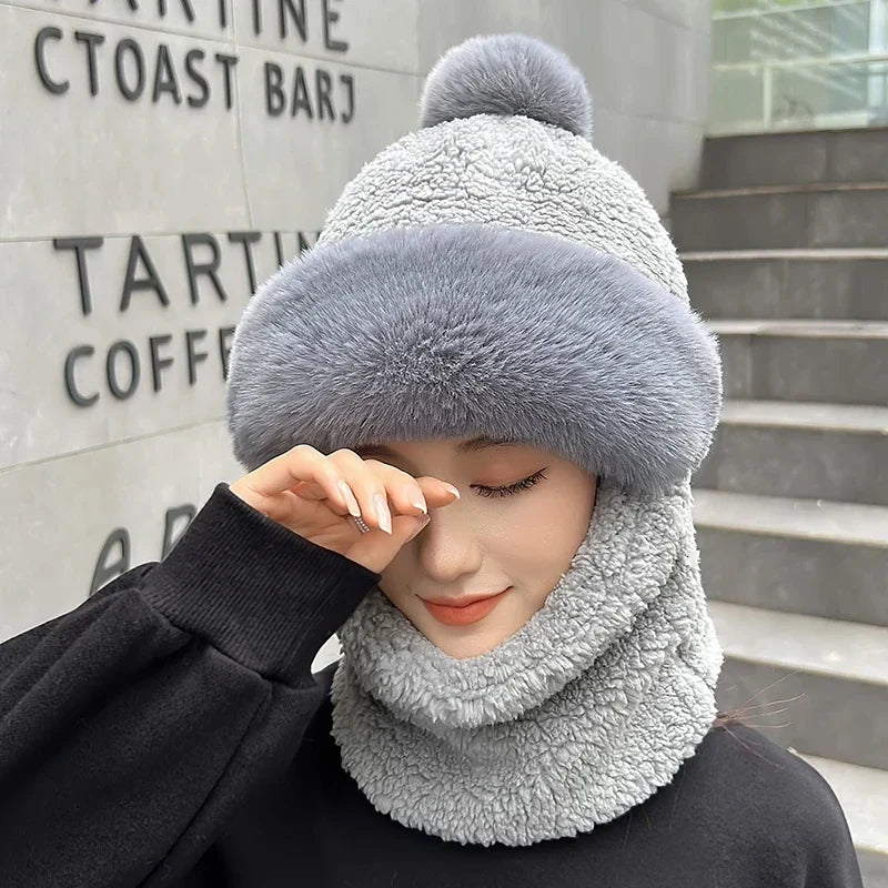 Plush Hooded Scarf Combo Winter Beanie & Neck Warmer Fleece Wrap for Women Cold Weather Outdoor Fashion