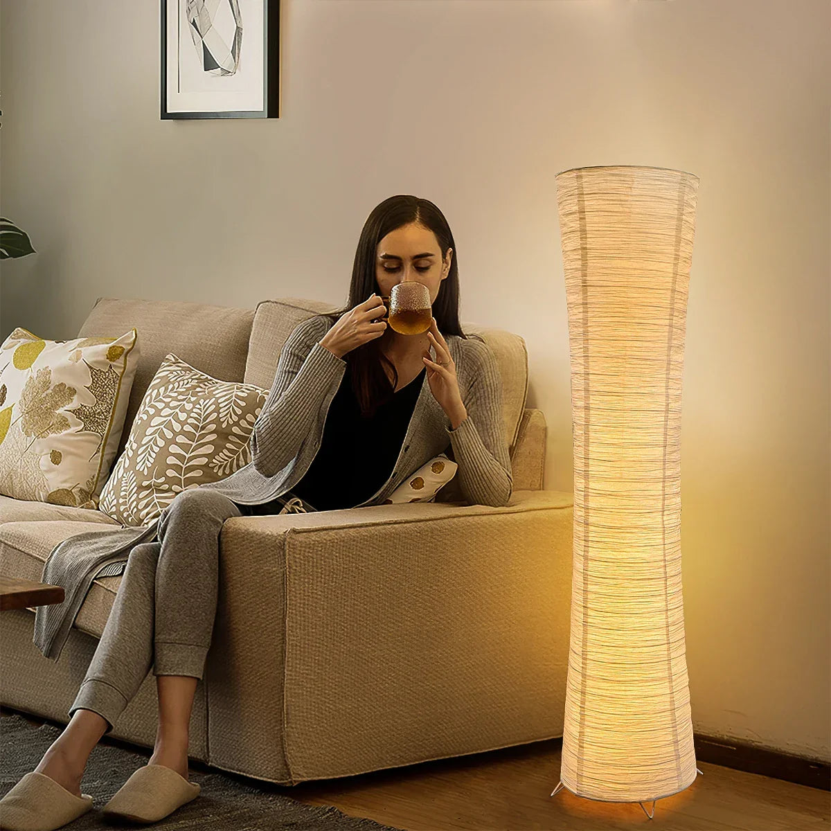 42-Inch Tall Standing Lamp with Paper Lantern Shade White for Bedroom Corner Reading Light Adjustable Color Temperature Remote Control Minim | Thomler