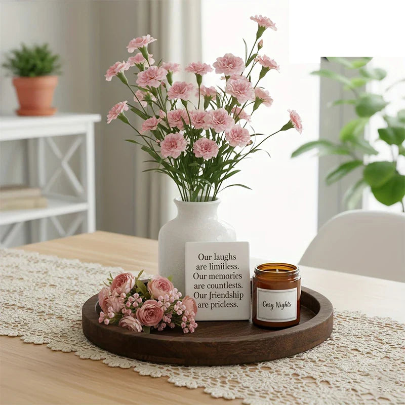 Round Wooden Serving Tray 11 inches Brown Farmhouse Coffee Table Organizer Centerpiece Display for Kitchen Counter Living Room Home Decor | Thomler