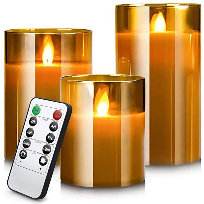 Battery-Operated LED Pillar Candles with Remote Control Timer Set of 3 Realistic Flickering Light Amber Smoke Clear Glass for Dining Room Be | Thomler