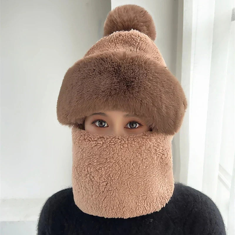Plush Hooded Scarf Combo Winter Beanie & Neck Warmer Fleece Wrap for Women Cold Weather Outdoor Fashion