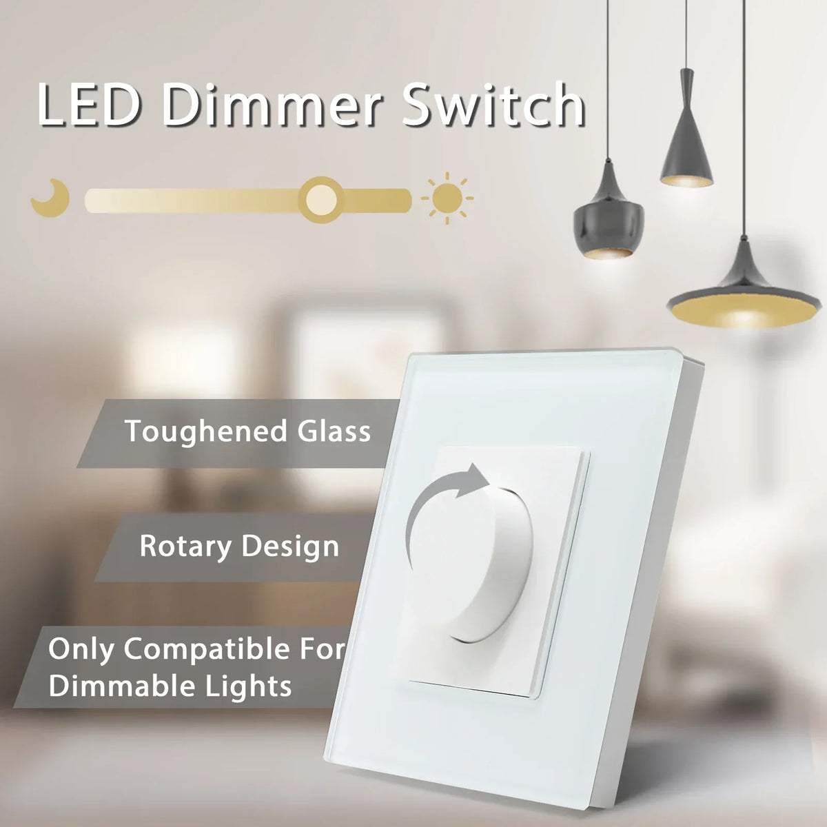 Rotary Light Dimmer Switch 3.4 in Glass Panel Touch Control LED Compatible for Bedroom Living Room Dining Room Home Wall Mount | Thomler