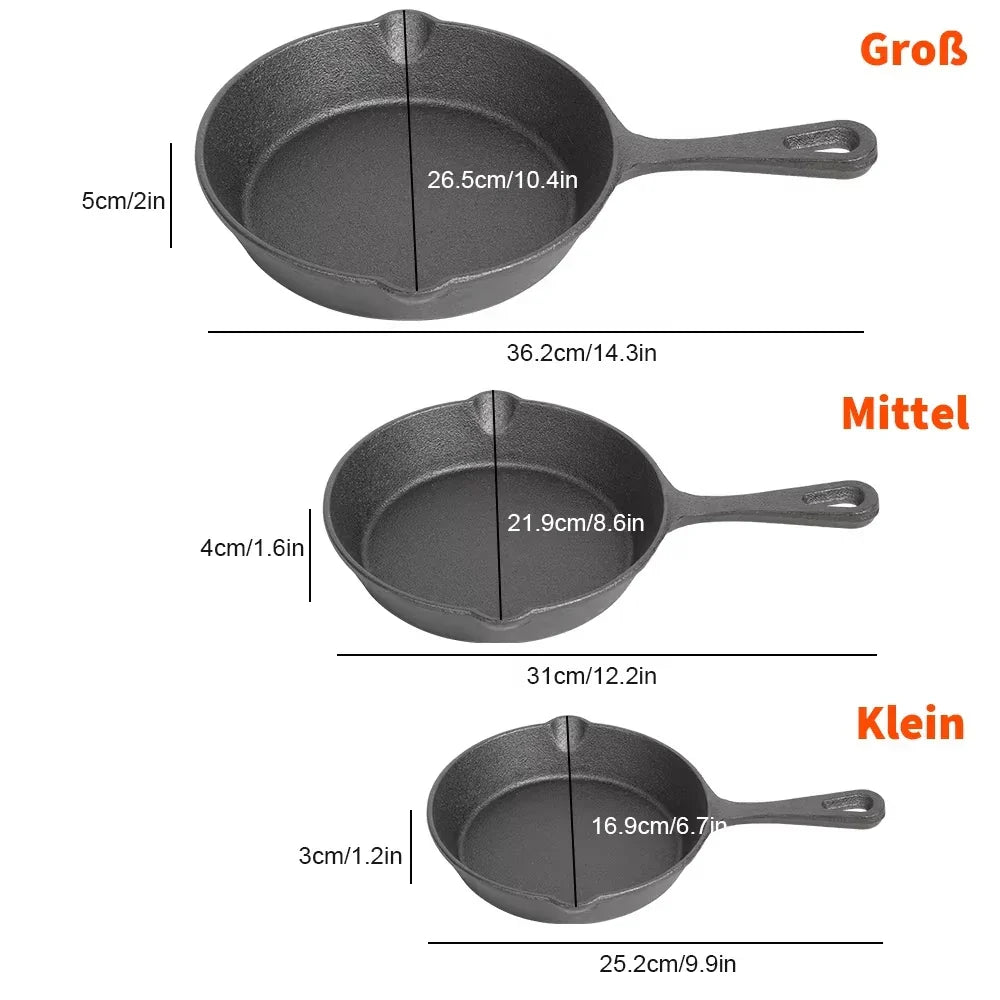 Cast Iron Skillet Set 3-Piece 6.3 8 10 Inch Black Uncoated Frying Pans Gas Electric Induction Campfire Cookware Stovetop to Oven Kitchen | Thomler