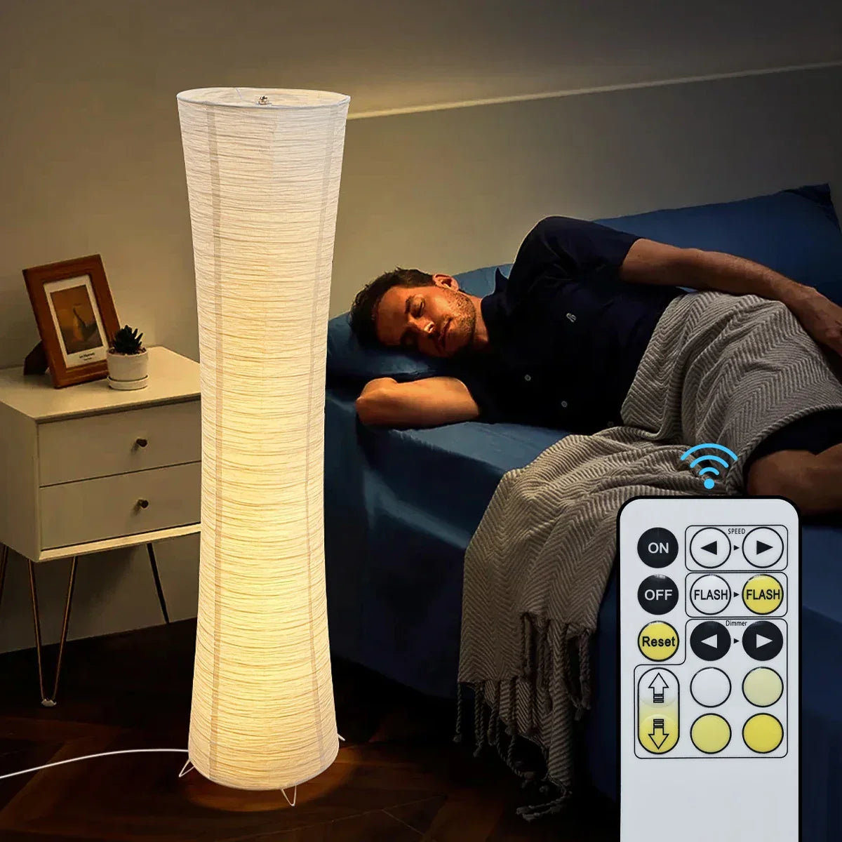 42-Inch Tall Standing Lamp with Paper Lantern Shade White for Bedroom Corner Reading Light Adjustable Color Temperature Remote Control Minim | Thomler