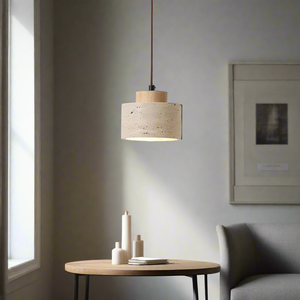 Natural Stone Hanging Lamp 6.5 Inch Travertine Shade Soft Warm Glow Overhead Fixture Bedroom Bedside Accent Nordic Minimalist Design | Thomler