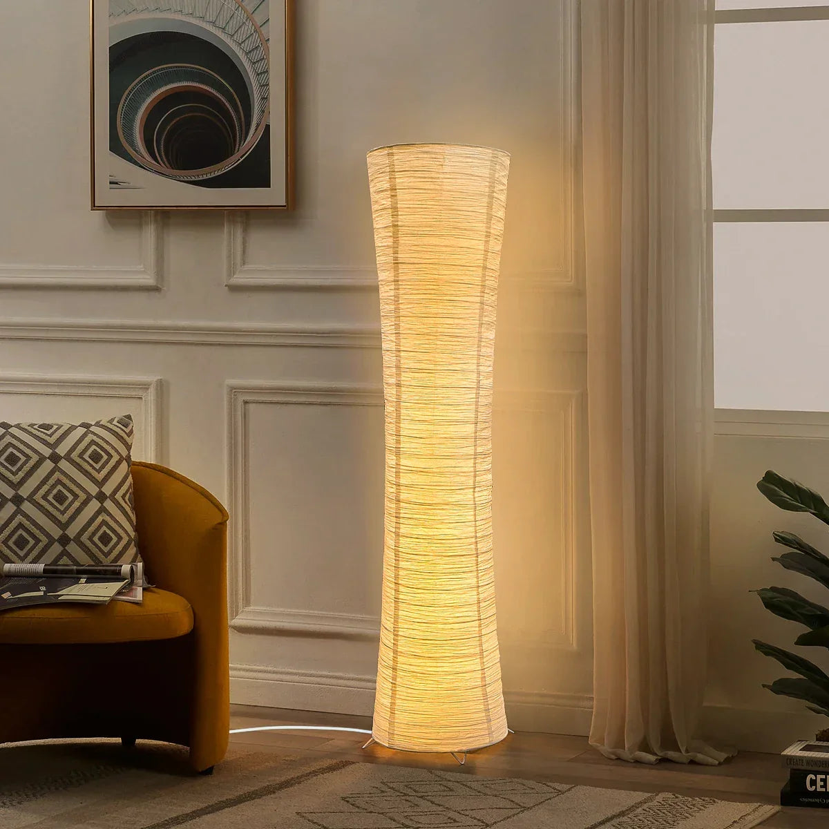 42-Inch Tall Standing Lamp with Paper Lantern Shade White for Bedroom Corner Reading Light Adjustable Color Temperature Remote Control Minim | Thomler