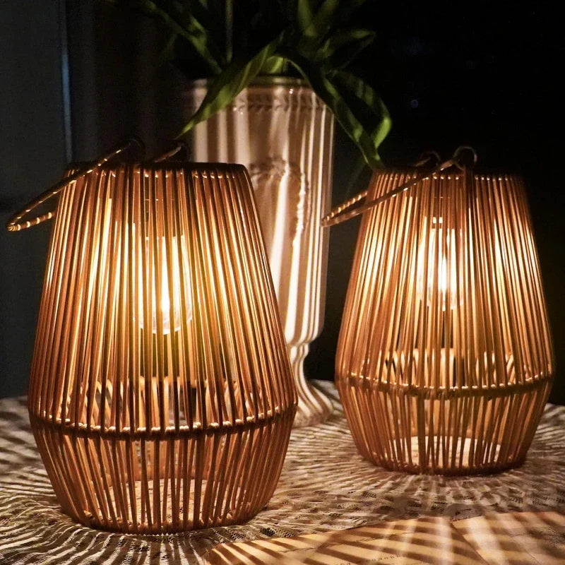 Solar Hanging Lantern Woven Wicker Style 8in Weatherproof LED Light for Patio Garden Balcony Porch Outdoor Spaces Cordless Automatic Dusk Da | Thomler