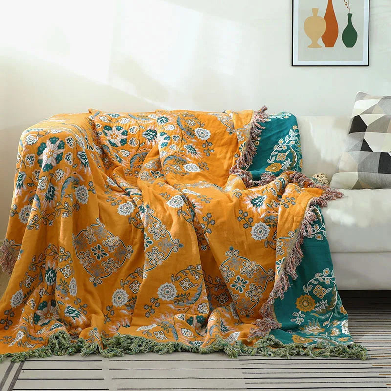 Woven Cotton Throw Blanket with Tasseled Fringe – Lightweight All-Season Layer for Couch or Bed