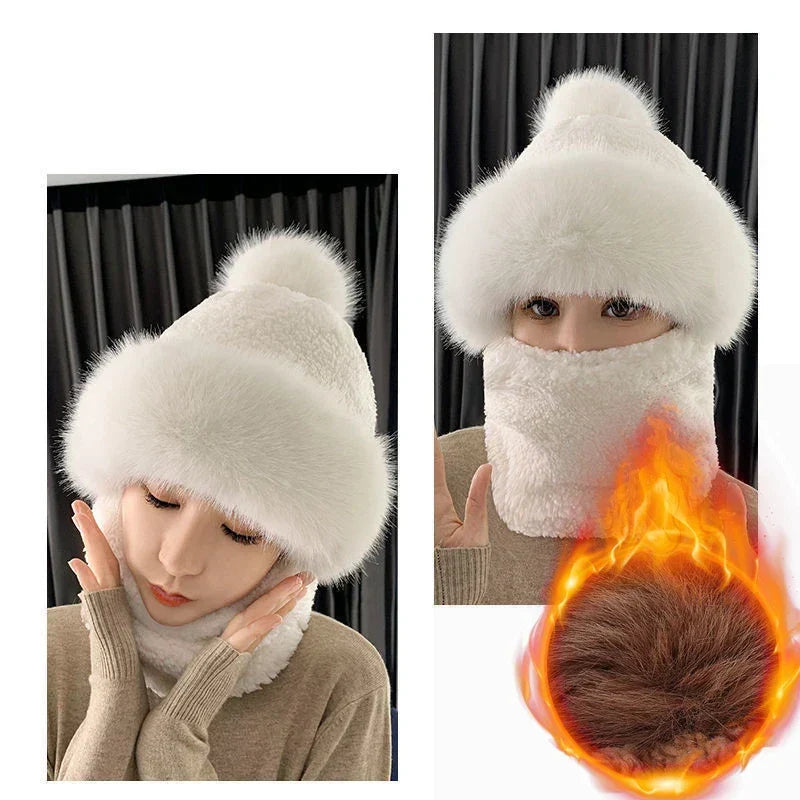 Plush Hooded Scarf Combo Winter Beanie & Neck Warmer Fleece Wrap for Women Cold Weather Outdoor Fashion