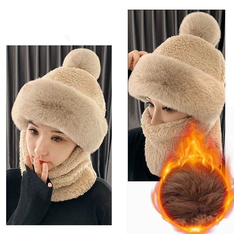 Plush Hooded Scarf Combo Winter Beanie & Neck Warmer Fleece Wrap for Women Cold Weather Outdoor Fashion