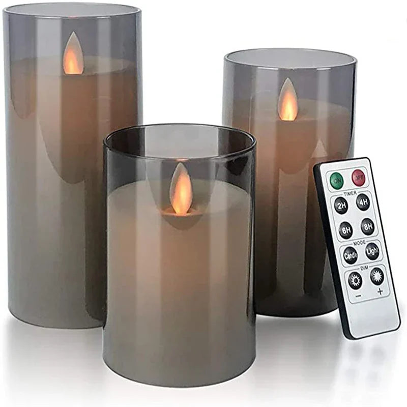 Battery-Operated LED Pillar Candles with Remote Control Timer Set of 3 Realistic Flickering Light Amber Smoke Clear Glass for Dining Room Be | Thomler