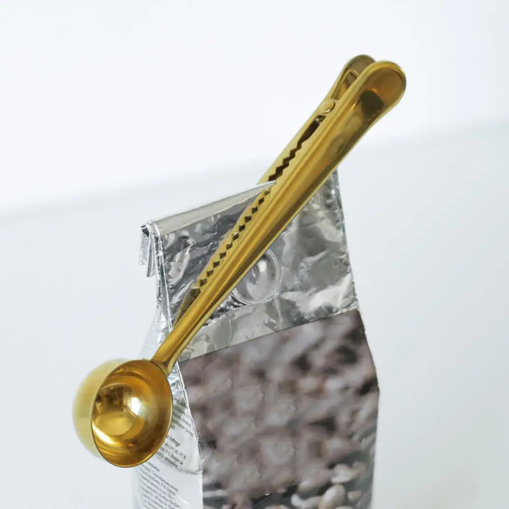 Edelstahl-Beutelverschluss mit Messlöffel, 7 Zoll, Doppelfunktions-Clip für Kaffee, Tee, Aufbewahrung, Küchenorganisation, Silber, Gold, Schwarz, Roségold | Thomler