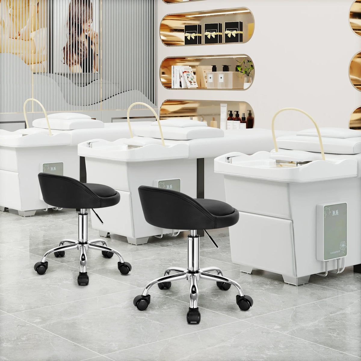 Gepolsterter Arbeitsstuhl mit Rollen, höhenverstellbar (53–66 cm), kompakter Drehstuhl für Schminktisch, Salon, Arbeitsbereich, Studio oder Homeoffice | Thomler