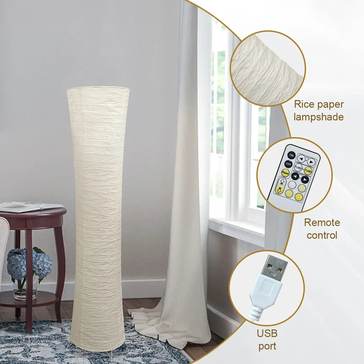 42-Inch Tall Standing Lamp with Paper Lantern Shade White for Bedroom Corner Reading Light Adjustable Color Temperature Remote Control Minim | Thomler