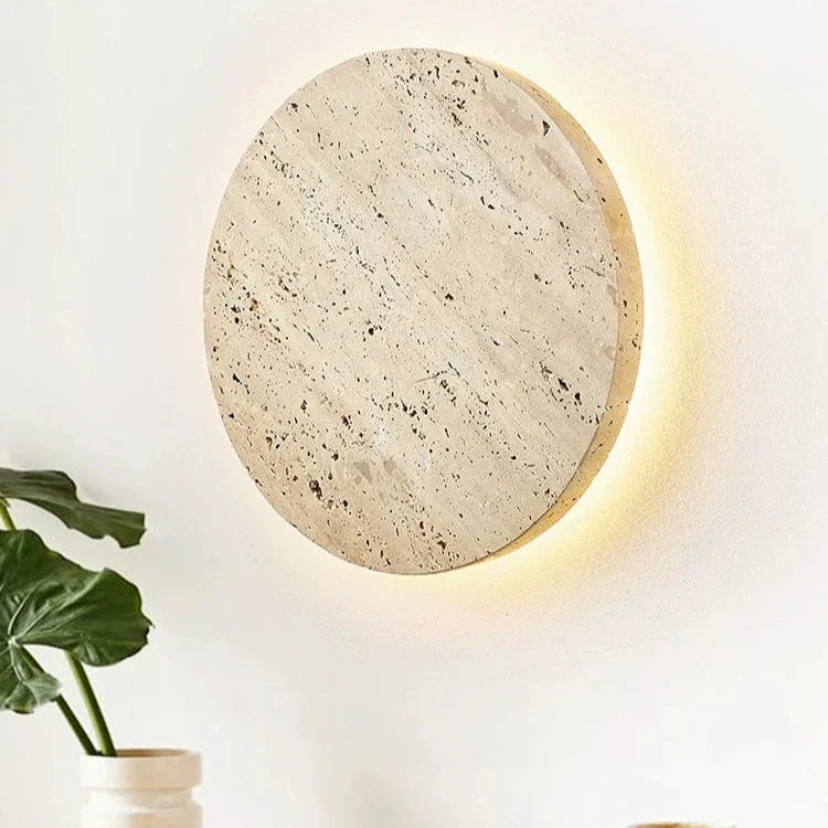 Round Stone Wall Sconce with Integrated Warm LED Light for Bedroom Hallway Living Room Modern Minimalist Travertine Fixture Indoor Ambient L | Thomler