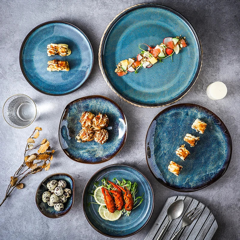 Juego de vajilla de porcelana de 11 piezas, color azul agua, platos y tazones, servicio para 4, vajilla de cocina completa para cenas familiares y entretenimiento, apta para microondas y lavavajillas | Thomler