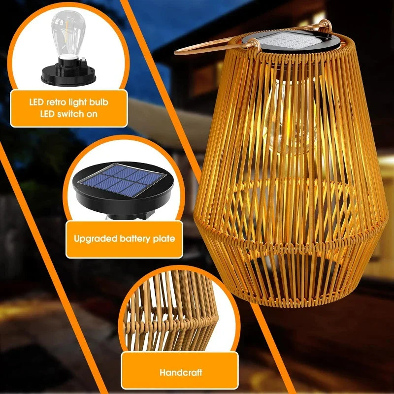 Gevlochten lantaarn met zonne-energie ledverlichting voor buiten, hangende decoratie 20 cm voor terras, tuin, veranda, balkon en tafel, snoerloos, zonder batterijen | Thomler