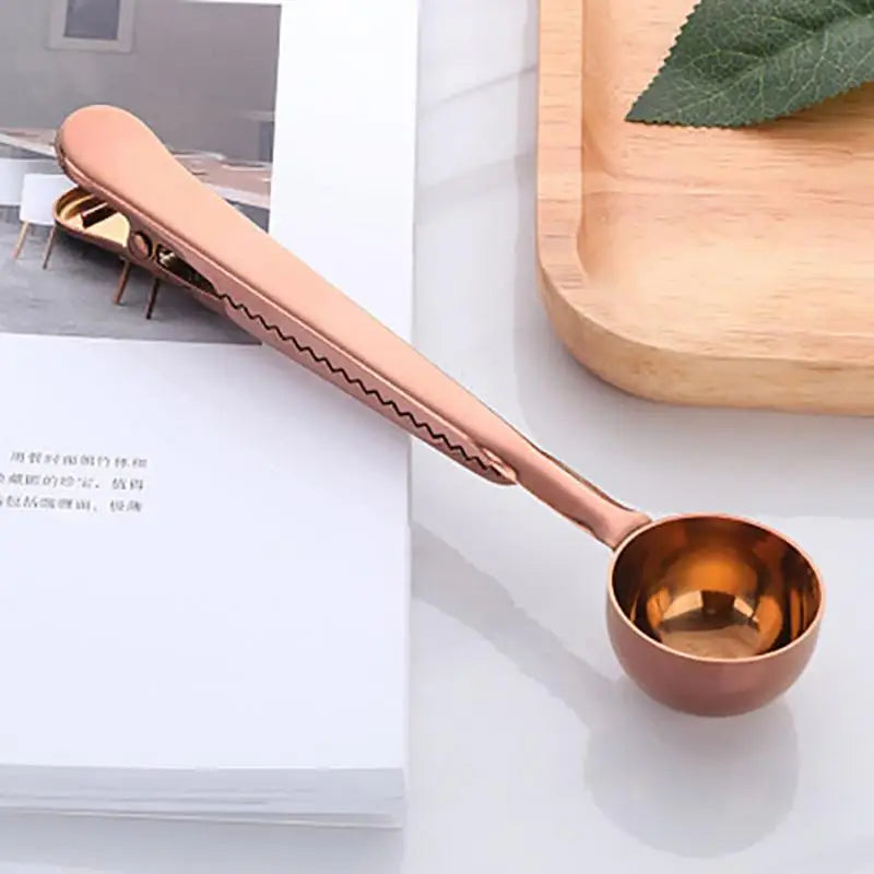Edelstahl-Beutelverschluss mit Messlöffel, 7 Zoll, Doppelfunktions-Clip für Kaffee, Tee, Aufbewahrung, Küchenorganisation, Silber, Gold, Schwarz, Roségold | Thomler