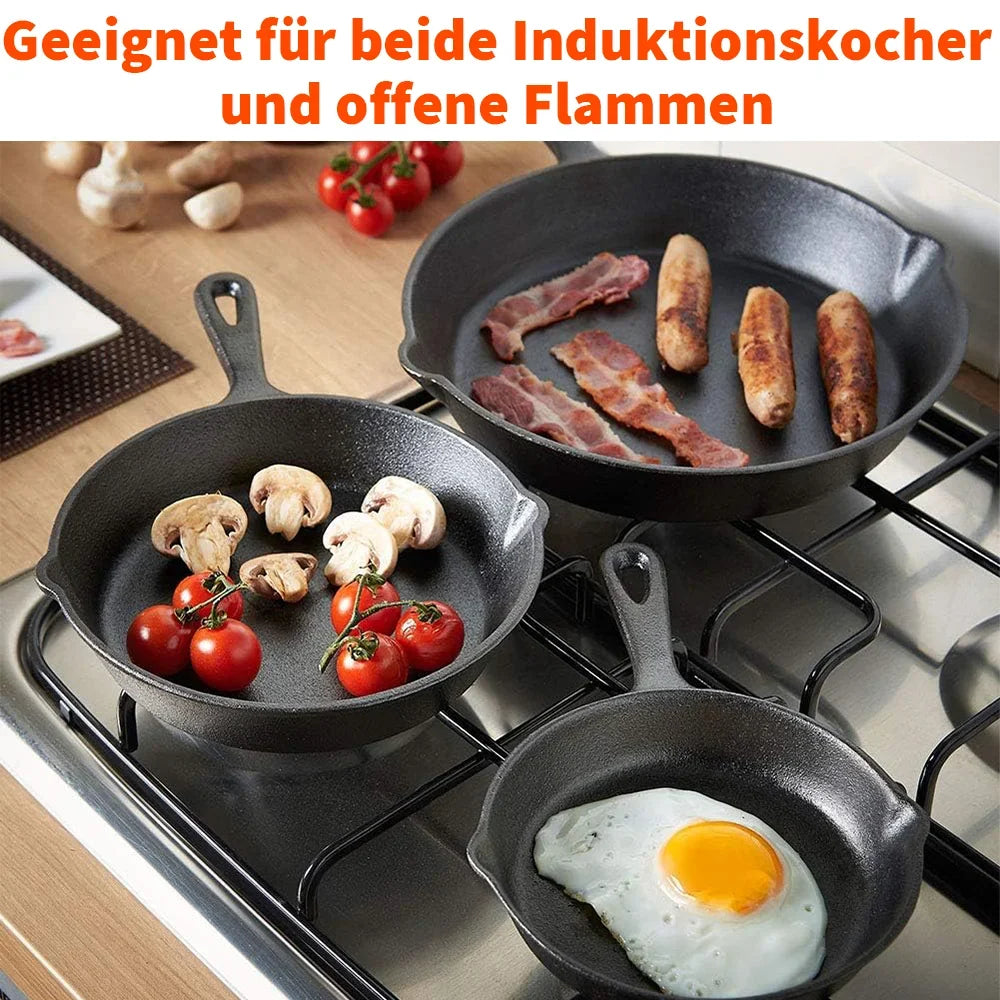 Cast Iron Skillet Set 3-Piece 6.3 8 10 Inch Black Uncoated Frying Pans Gas Electric Induction Campfire Cookware Stovetop to Oven Kitchen | Thomler