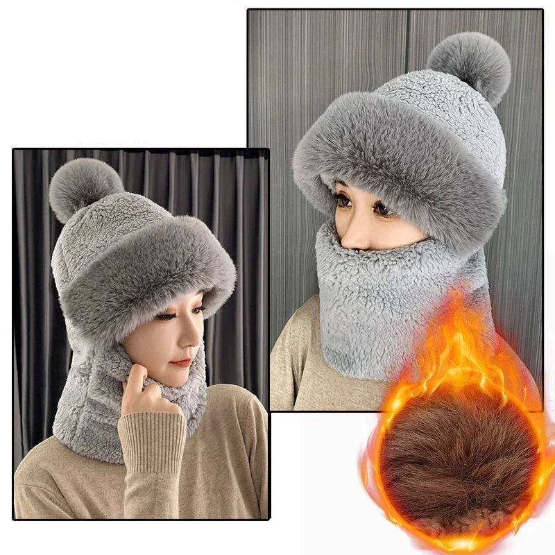 Plush Hooded Scarf Combo Winter Beanie & Neck Warmer Fleece Wrap for Women Cold Weather Outdoor Fashion