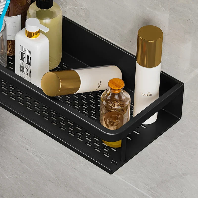 Wall-Mount Aluminum Bathroom Caddy – Black Storage Ledge for Soap, Shampoo & Toiletries – Space-Saving Organizer for Shower & Kitchen | Thomler