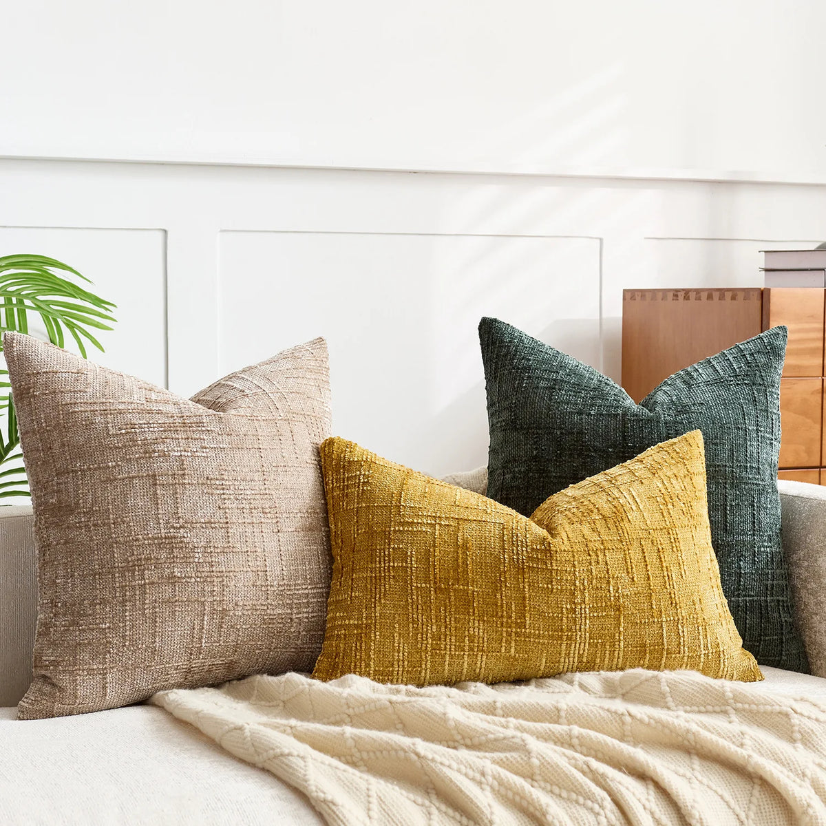 Plush Chenille Pillow Case 18 in Textured Bamboo Relief Pattern for Sofa Bed Living Room Bedroom Accent Home Décor Throw Cushion Slipcover | Thomler