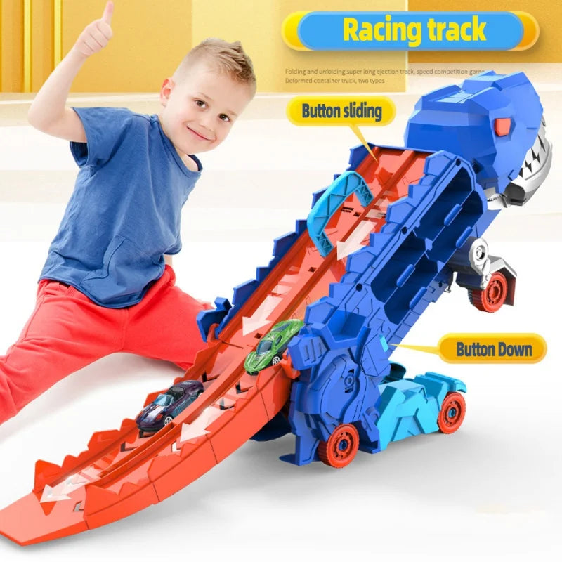 Transforming Dinosaur Race Track Playset with Storage for Mini Cars – 2-in-1 Dino Racetrack Toy for Kids Ages 3