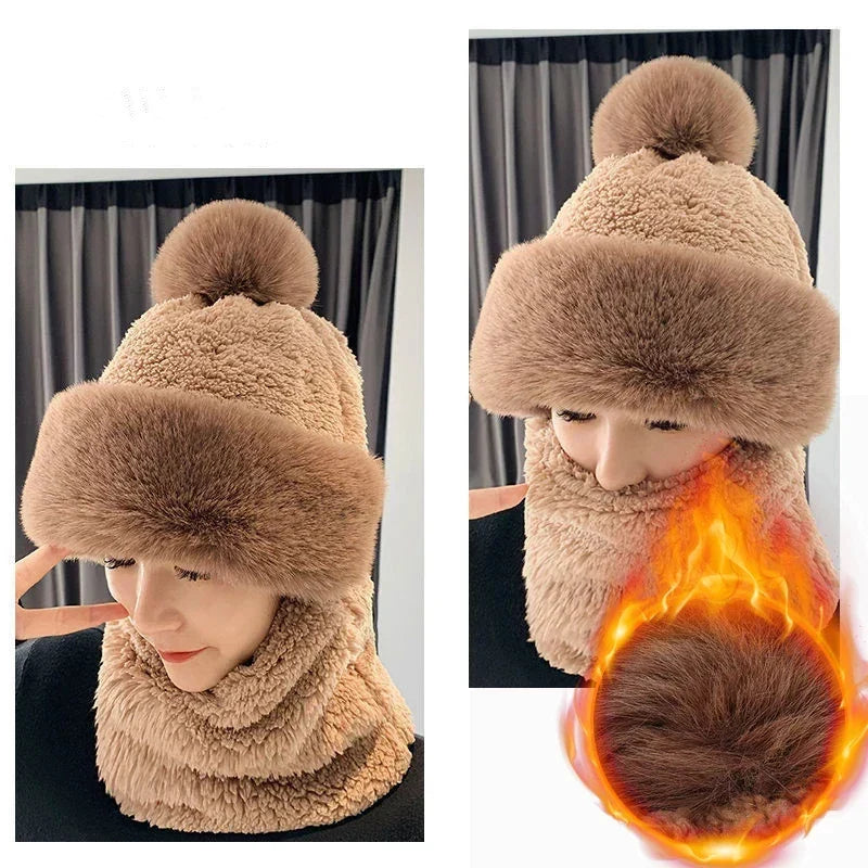 Plush Hooded Scarf Combo Winter Beanie & Neck Warmer Fleece Wrap for Women Cold Weather Outdoor Fashion