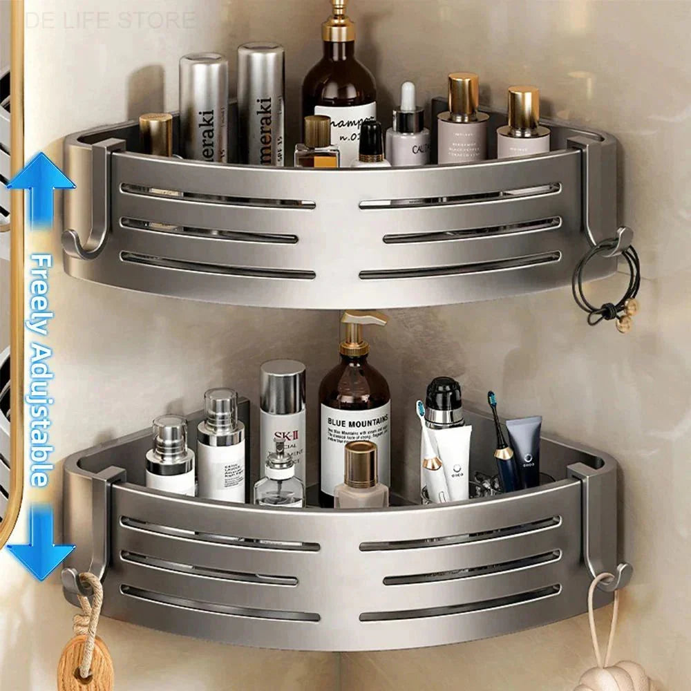 Corner Shower Caddy Set of 2 with Adjustable Height & Hooks No-Drill Aluminum Wall Mount Organizer for Bathroom Shampoo Soap Holder | Thomler