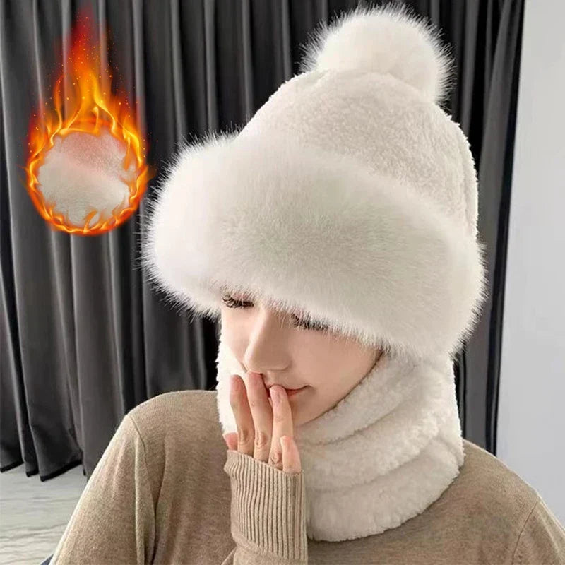 Plush Hooded Scarf Combo Winter Beanie & Neck Warmer Fleece Wrap for Women Cold Weather Outdoor Fashion