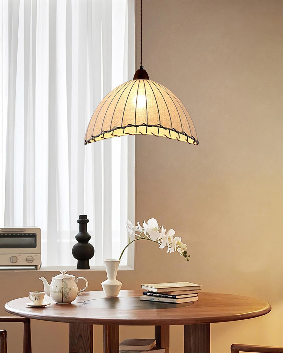 Stoffen koepelplafondlamp wit 14 inch geribbelde schulprand hanglamp voor eetkamer slaapkamer verstelbare hoogte vintage modern E26 fitting | Thomler