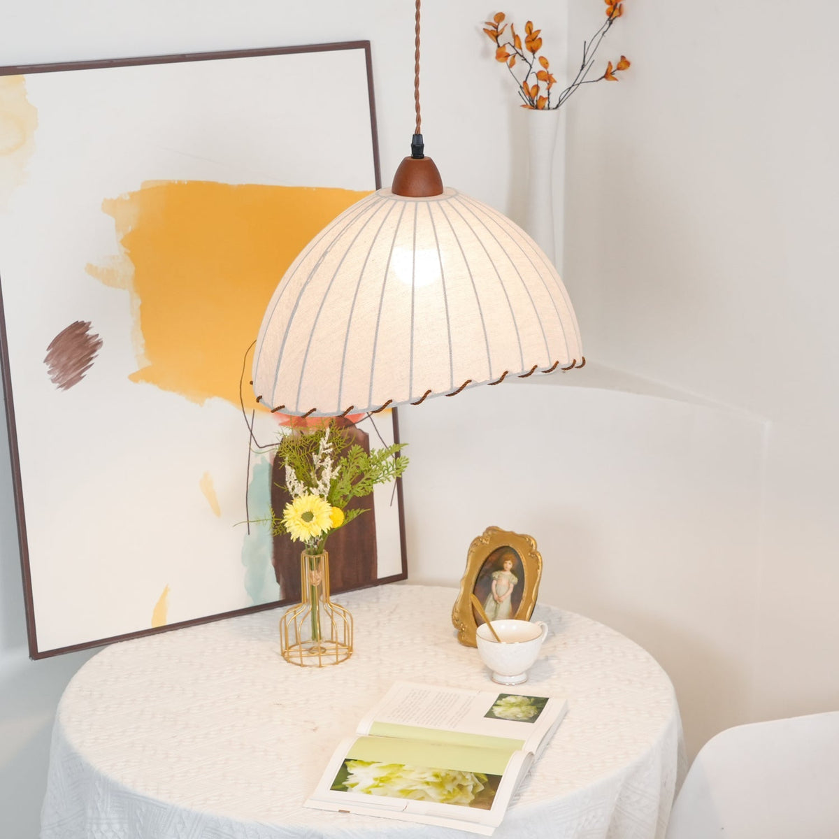 Stoffen koepelplafondlamp wit 14 inch geribbelde schulprand hanglamp voor eetkamer slaapkamer verstelbare hoogte vintage modern E26 fitting | Thomler