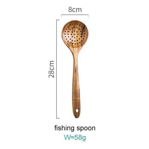 Juego de 8 utensilios de cocina de madera natural con soporte de exhibición para cocinar y servir, herramientas seguras para utensilios de cocina antiadherentes | Thomler