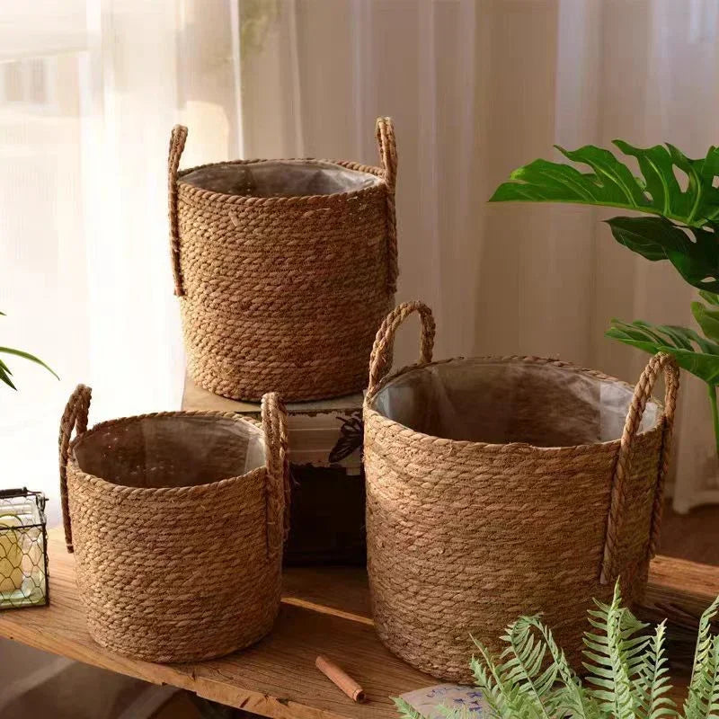 Handgeflochtener Seegraskorb mit Henkeln für Zimmerpflanzen, Outdoor-Töpfe, Aufbewahrung, Naturfaser, Boho-Deko, rustikales Landhaus | Thomler