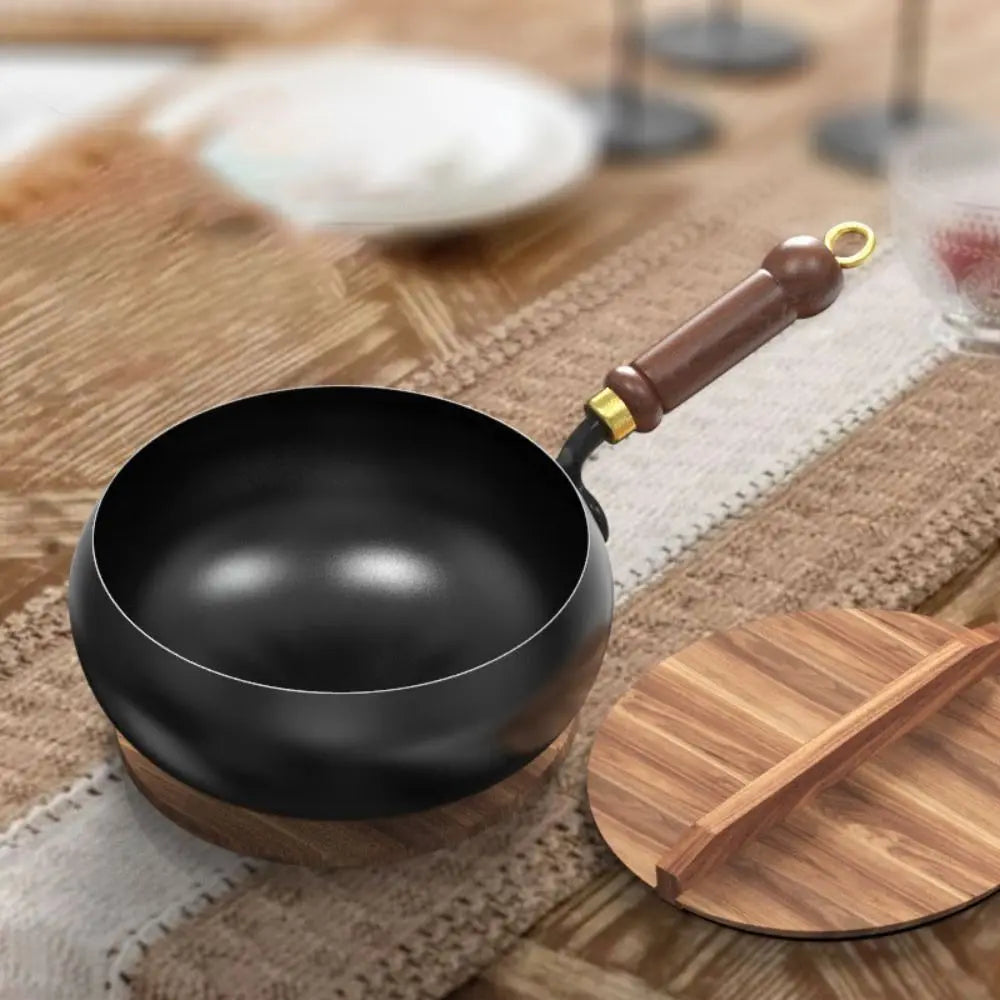 12-Inch Cast-Iron Round-Bottom Skillet with Wood Handle and Lid for Induction Gas Electric Stovetops | Thomler