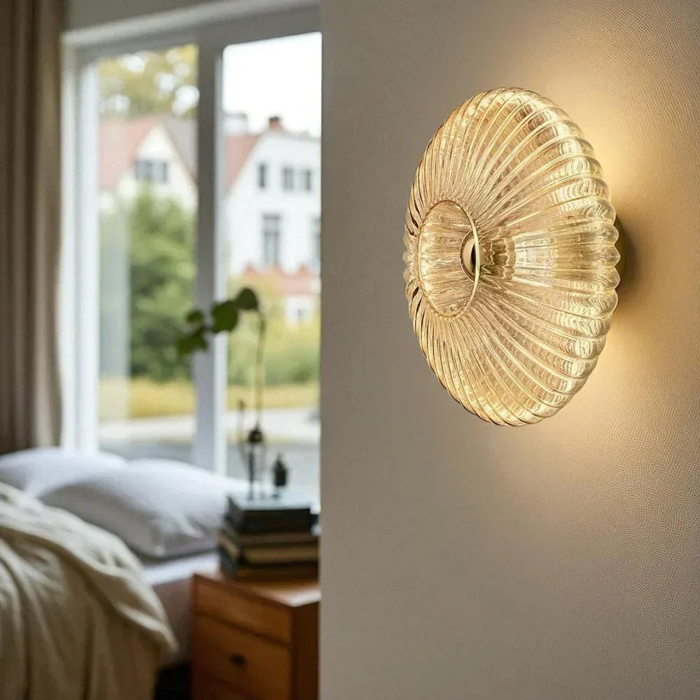 Textured Glass Shell Sconce in Golden Amber Finish for Bedroom Hallway Living Room Accent Lighting | Thomler