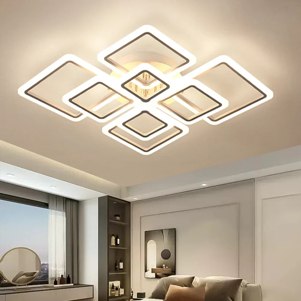 Square Flush Mount LED Fixture 50 in Dimmable Remote Control White Aluminum Geometric Rings for Bedroom Living Room Dining Room Open Plan | Thomler