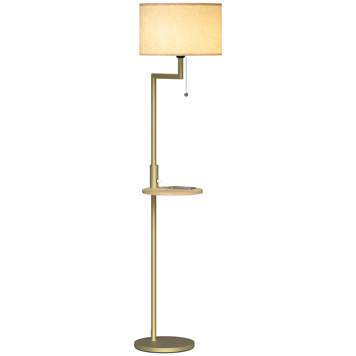 Arc Floor Lamp with Bamboo Shelf and USB Charging Port 67 inch Gold Steel Frame Beige Linen Shade Reading Light for Bedroom Living Room Home | Thomler