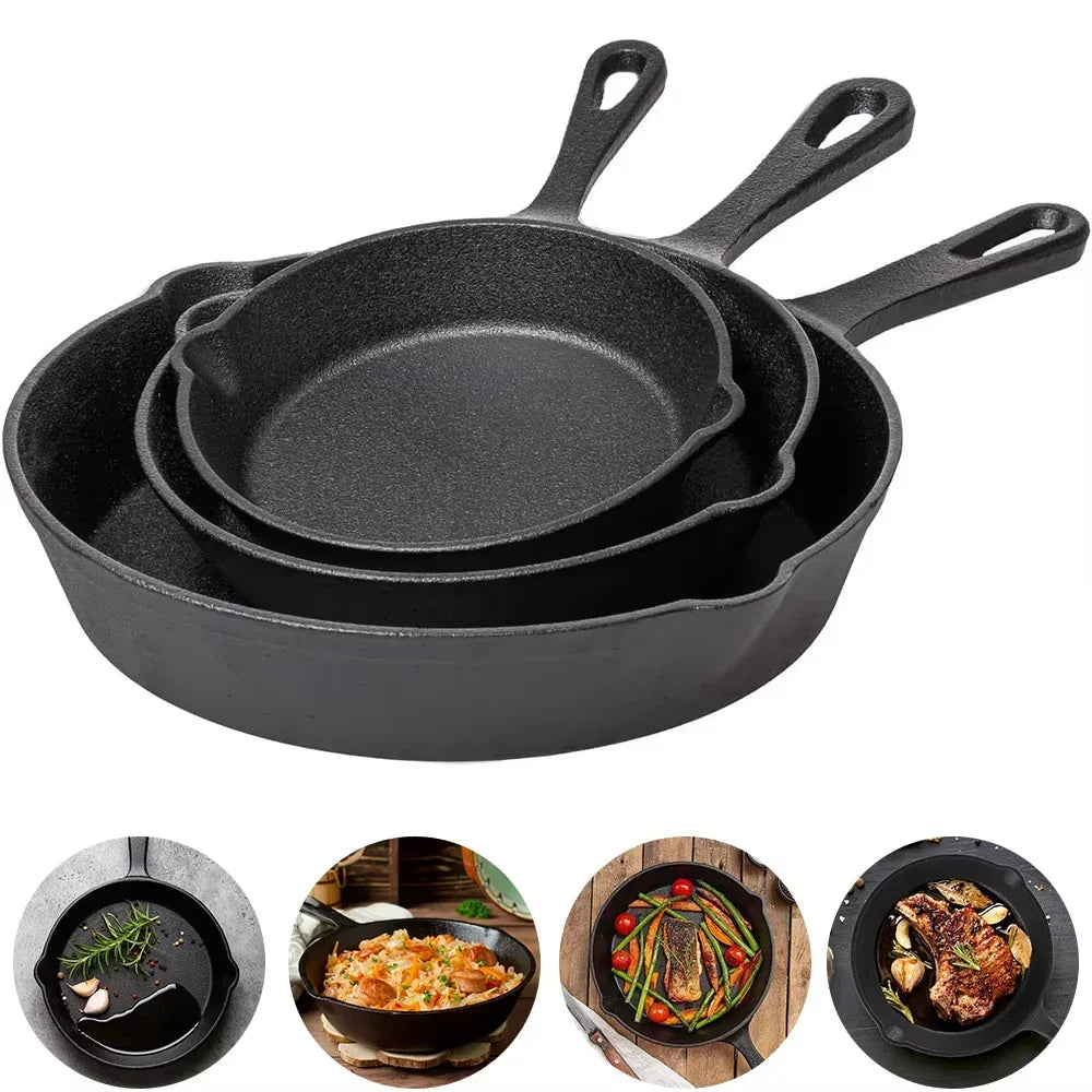 Cast Iron Skillet Set 3-Piece 6.3 8 10 Inch Black Uncoated Frying Pans Gas Electric Induction Campfire Cookware Stovetop to Oven Kitchen | Thomler