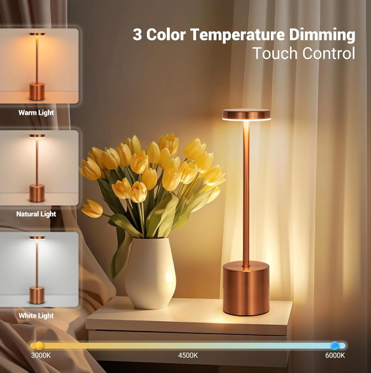 Cordless LED Bedside Light Aluminum 13.4 in USB Rechargeable Touch Dimmable Nightstand Lamp for Bedroom Restaurant Desk 3 Brightness Levels | Thomler