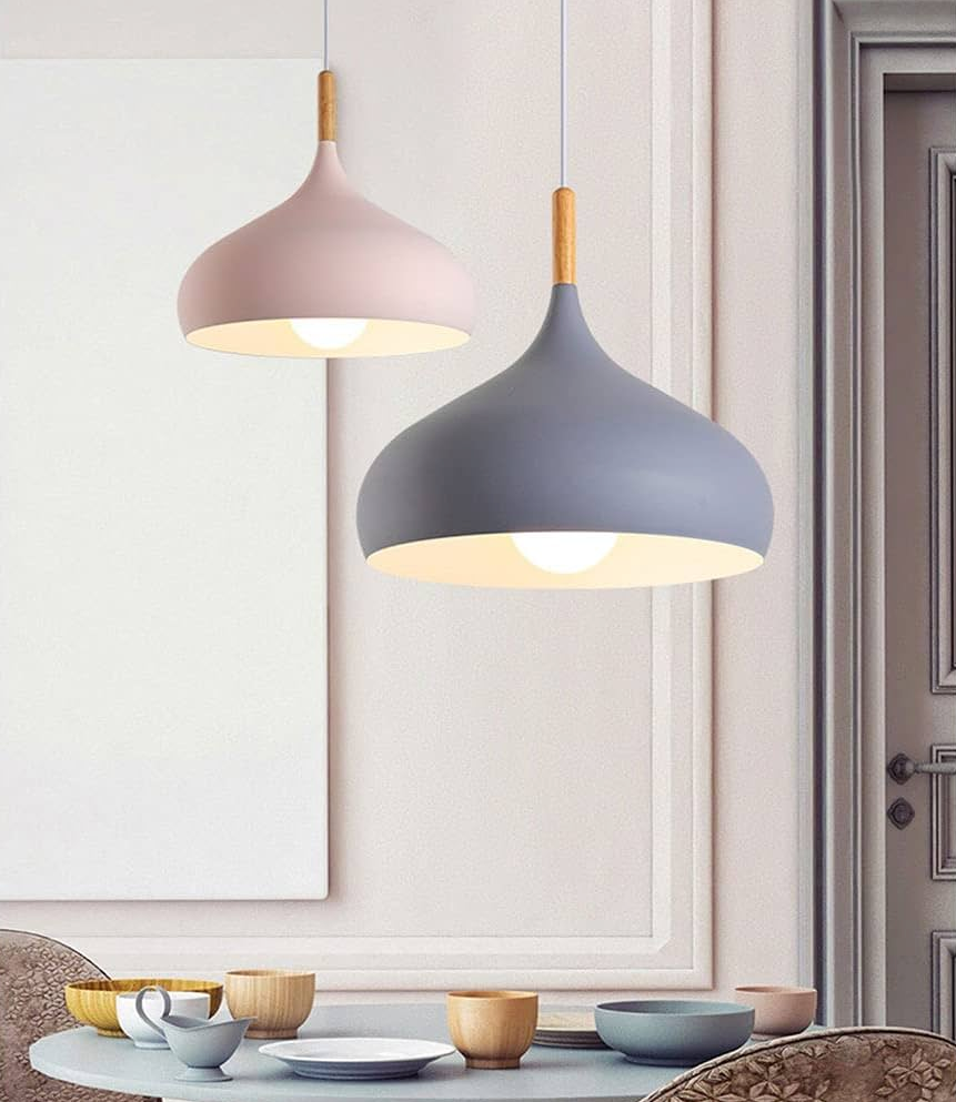 E27 Dome Pendant Fixture with Wood Trim – Adjustable Height Hanging Light for Kitchen Island, Dining Table, Bedroom – Minimalist Nordic-Insp | Thomler