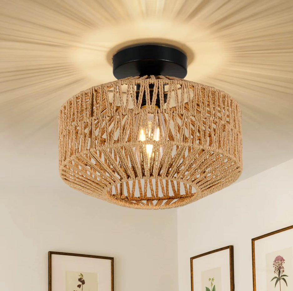 Geweven rotan hanglamp met E27-fitting in bruin voor kookeiland & eettafel | Handgemaakte plafondlamp met open vlechtwerk | Thomler